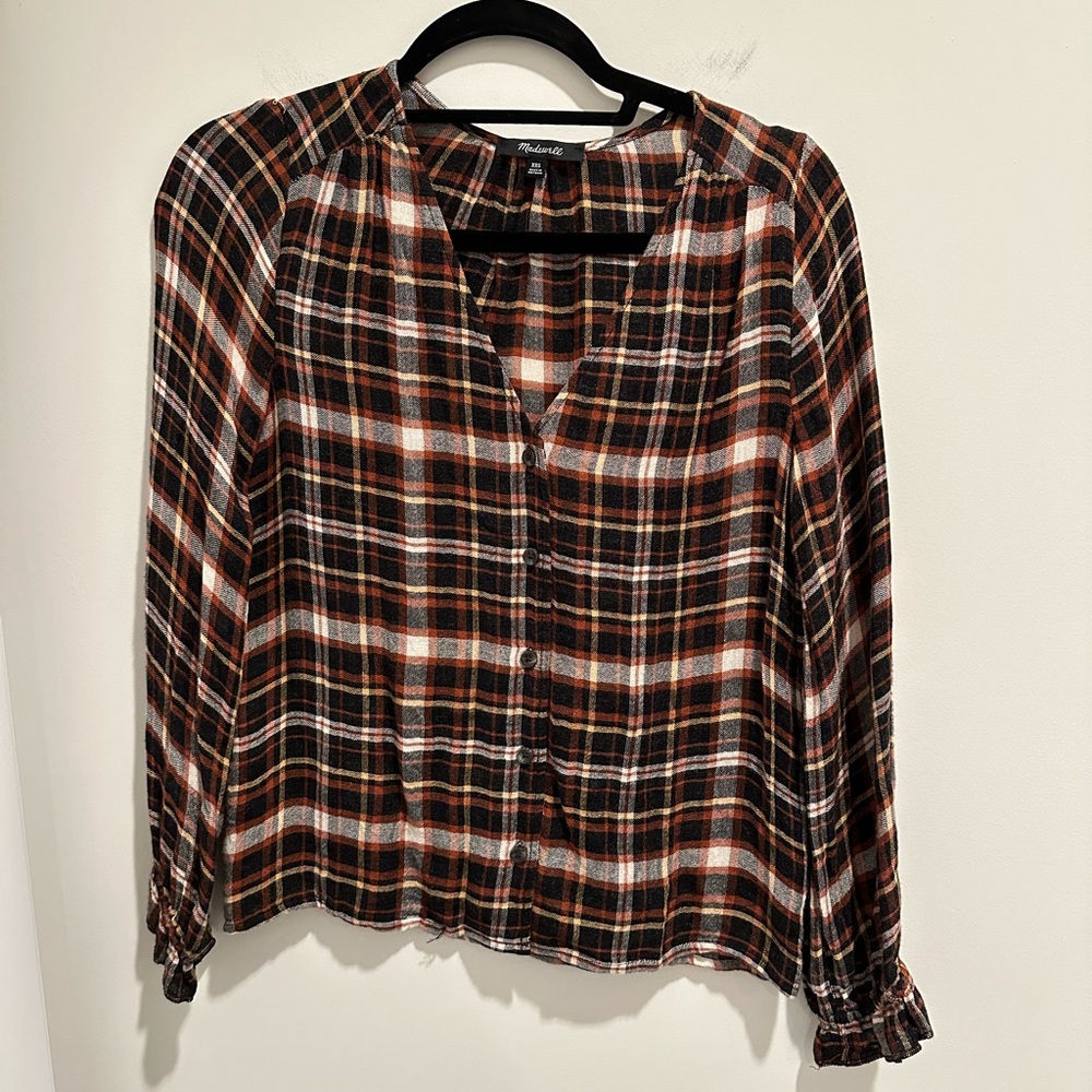 EUC - Madewell Plaid V-Neck Blouse - Black, White, Brown - Picture 5 of 7